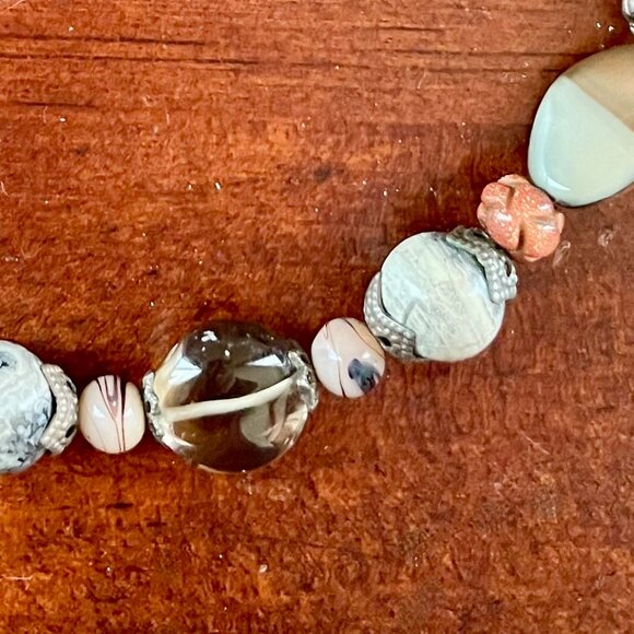 Desert Heart Mixed Bead Artisan Necklace – Neutral Stones & Glass - Picture 2 of 5